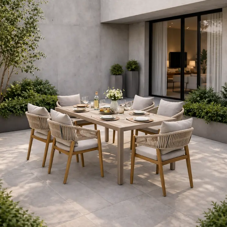 Houten tafel met zes stoelen met gevlochten touw op een licht, modern terras.