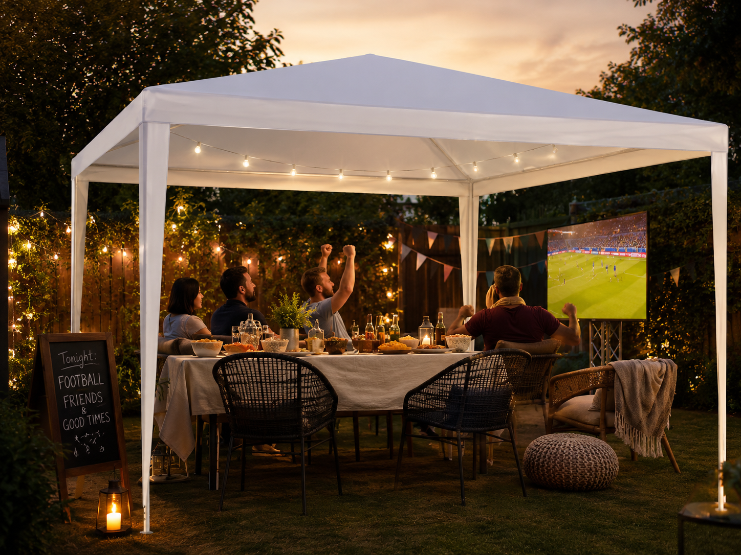Partytent in de tuin met een gezellige buitenruimte
