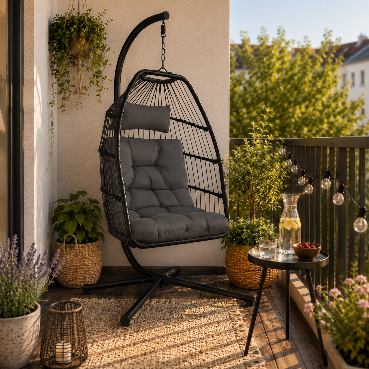Zwarte hangstoel met kussen op een gezellig balkon