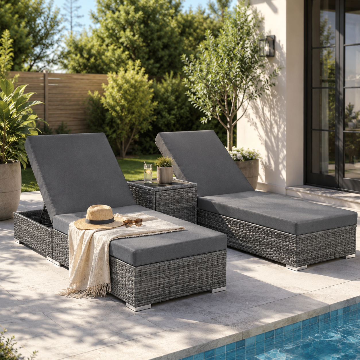 Twee grijze ligbedden met tafel bij het zwembad op een modern terras