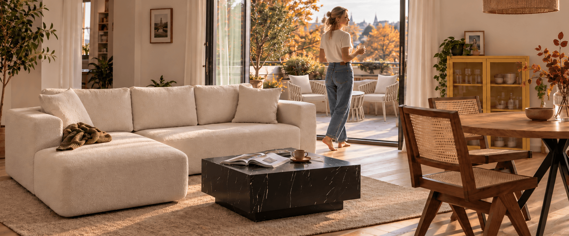 Sfeervolle eetkamer met warme kleuren en een herfstachtige uitstraling