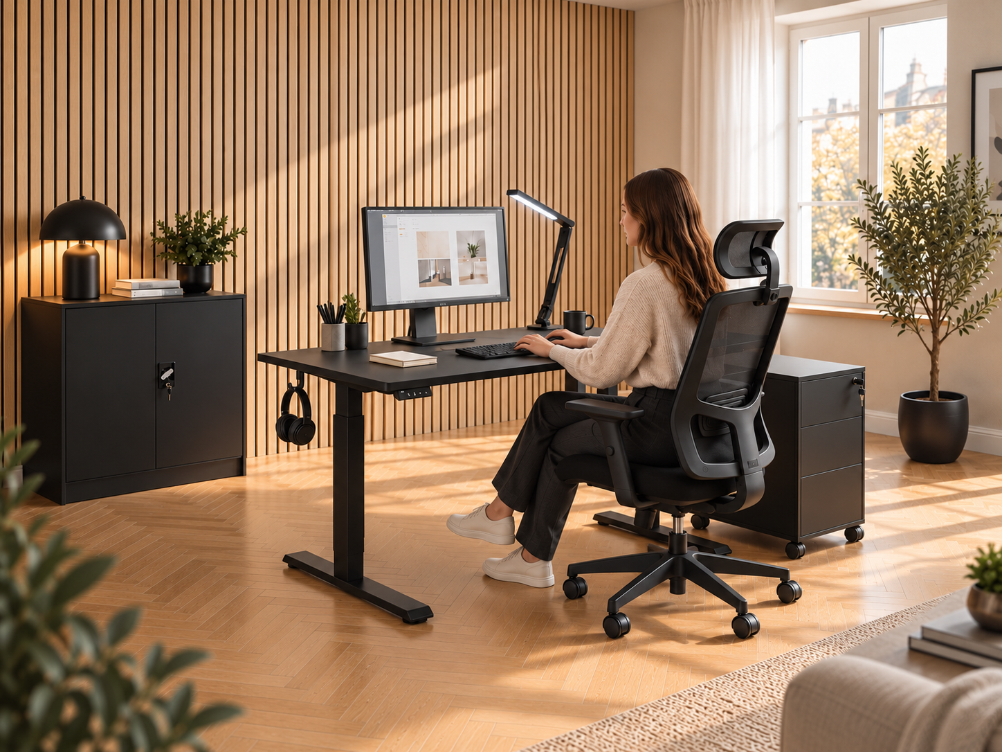Modern thuiskantoor met bureau, bureaustoel en zwarte opbergruimte.